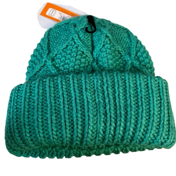 Kurt Geiger London metallic cable knit beanie in teal with a logo patch - Picture 3 of 5